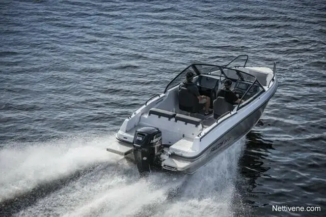 A speedboat with two passengers is cruising over a shimmering water surface, leaving a wake behind it.